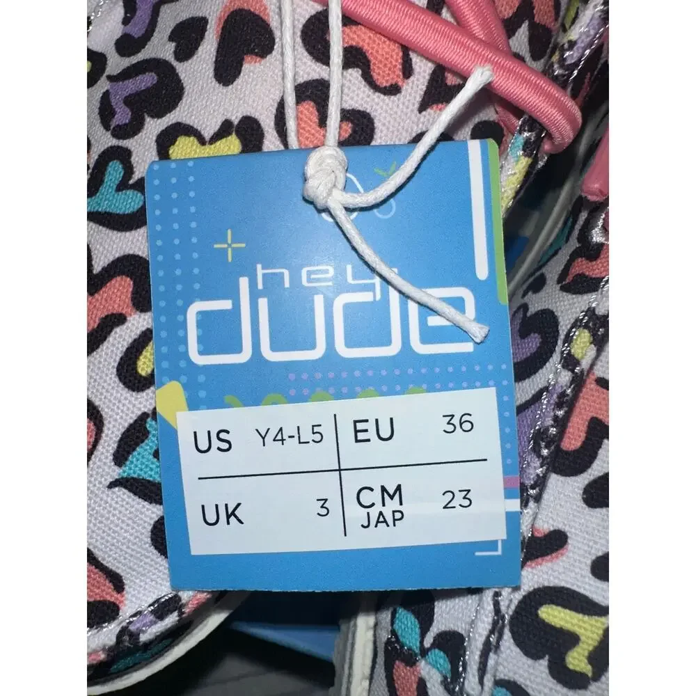 Hey Dude Wendy Youth Cat White Leopard Heart Print Shoes Y4 Girls NWT Box